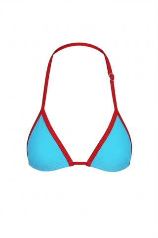 Blue bikini top with red straps on a white background