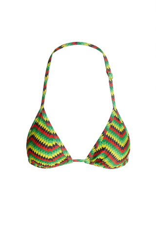 Colorful jamaican color striped bikini top on a white background