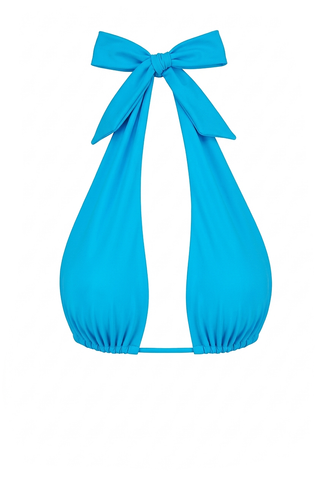 Blue bikini top with a bow on a white background