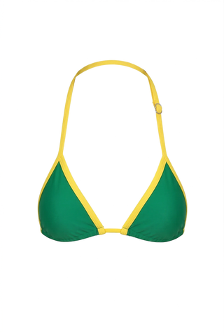 Green brazilian color bikini top with yellow straps on a white background