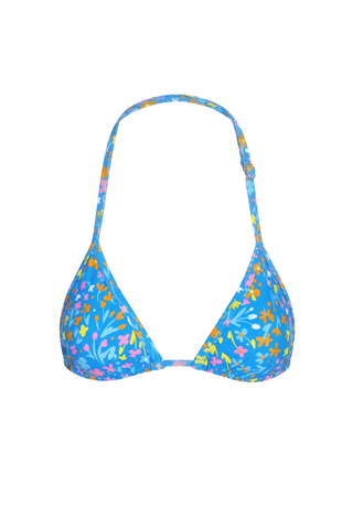 Blue bikini top with floral pattern on a white background