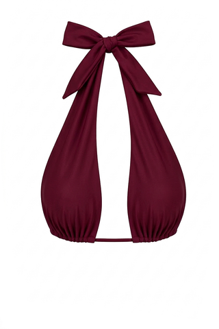 Burgundy bikini top with a large bow on a white background