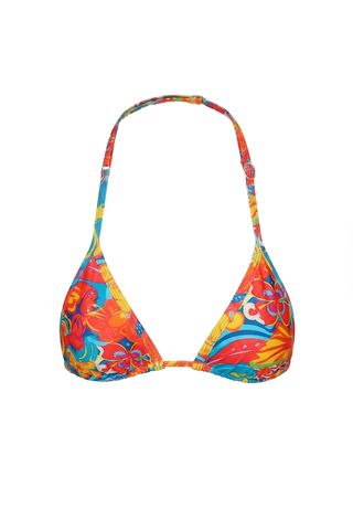 Colorful bikini top with hibiscus floral pattern on a white background