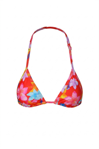 Colorful floral red bikini top on a white background