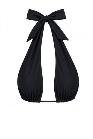 Black halter top with bow detail on a white background