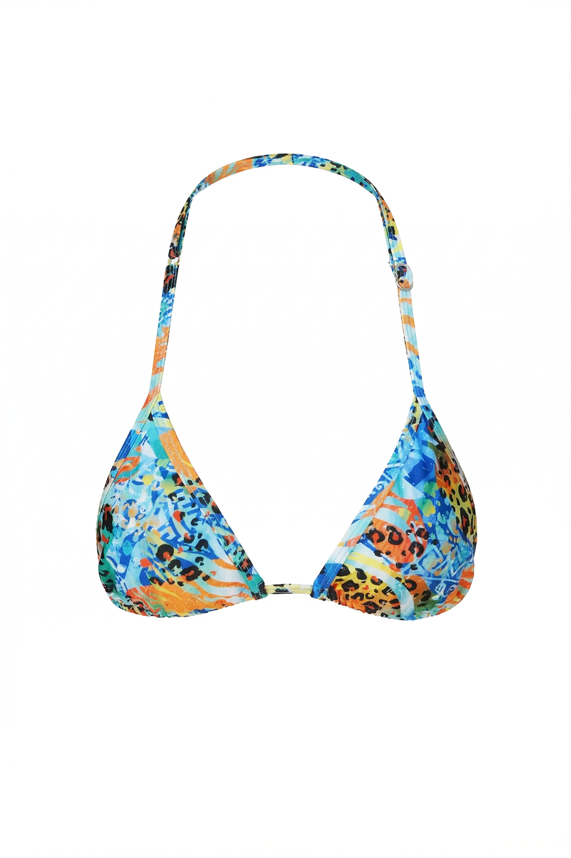Colorful bikini top with abstract leopard animal print pattern on a white background