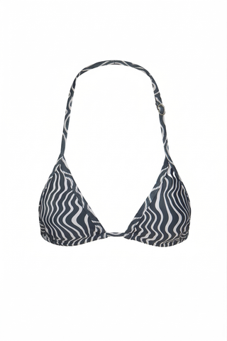 Zebra patterned bikini top on a white background