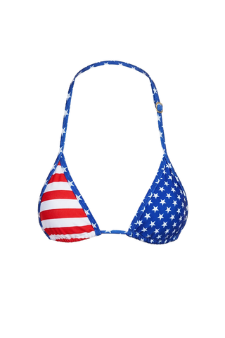 Bikini top with American flag design on a white background